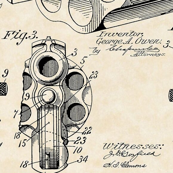 1898 G. A. Owen Revolver Patent Firearm Art 20x16 Vintage Gun Print on Parchment - Picture 8 of 9